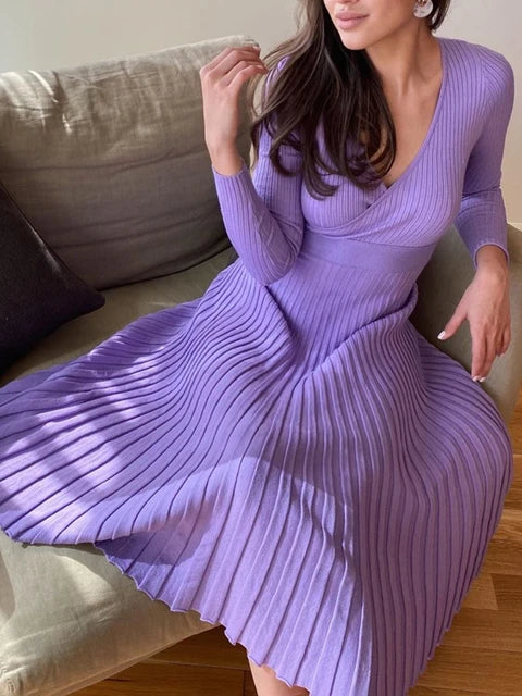 Women Ribbed V-neck Fold Knitted Max Dress Ladies Skinny Sexy A-line Dresses Two Color Patchwork Elegant Chic Vestidos