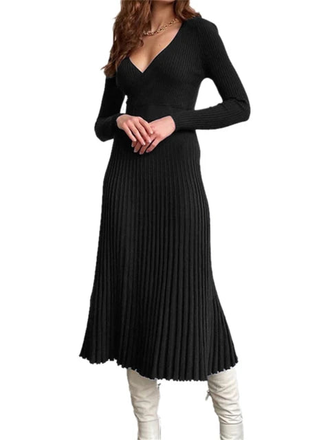 Women Ribbed V-neck Fold Knitted Max Dress Ladies Skinny Sexy A-line Dresses Two Color Patchwork Elegant Chic Vestidos