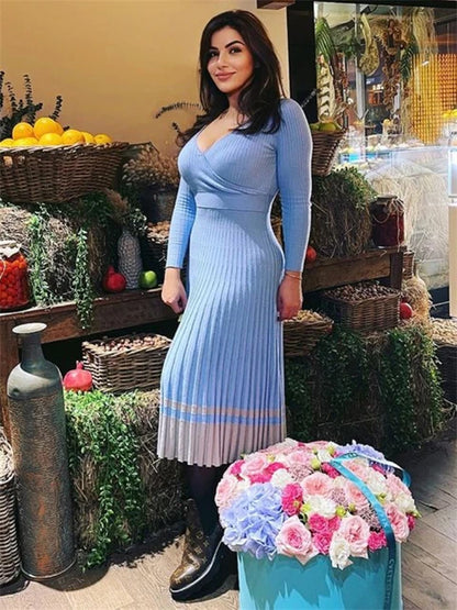 Women Ribbed V-neck Fold Knitted Max Dress Ladies Skinny Sexy A-line Dresses Two Color Patchwork Elegant Chic Vestidos