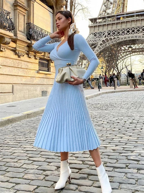 Women Ribbed V-neck Fold Knitted Max Dress Ladies Skinny Sexy A-line Dresses Two Color Patchwork Elegant Chic Vestidos