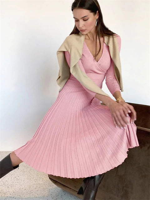 Women Ribbed V-neck Fold Knitted Max Dress Ladies Skinny Sexy A-line Dresses Two Color Patchwork Elegant Chic Vestidos