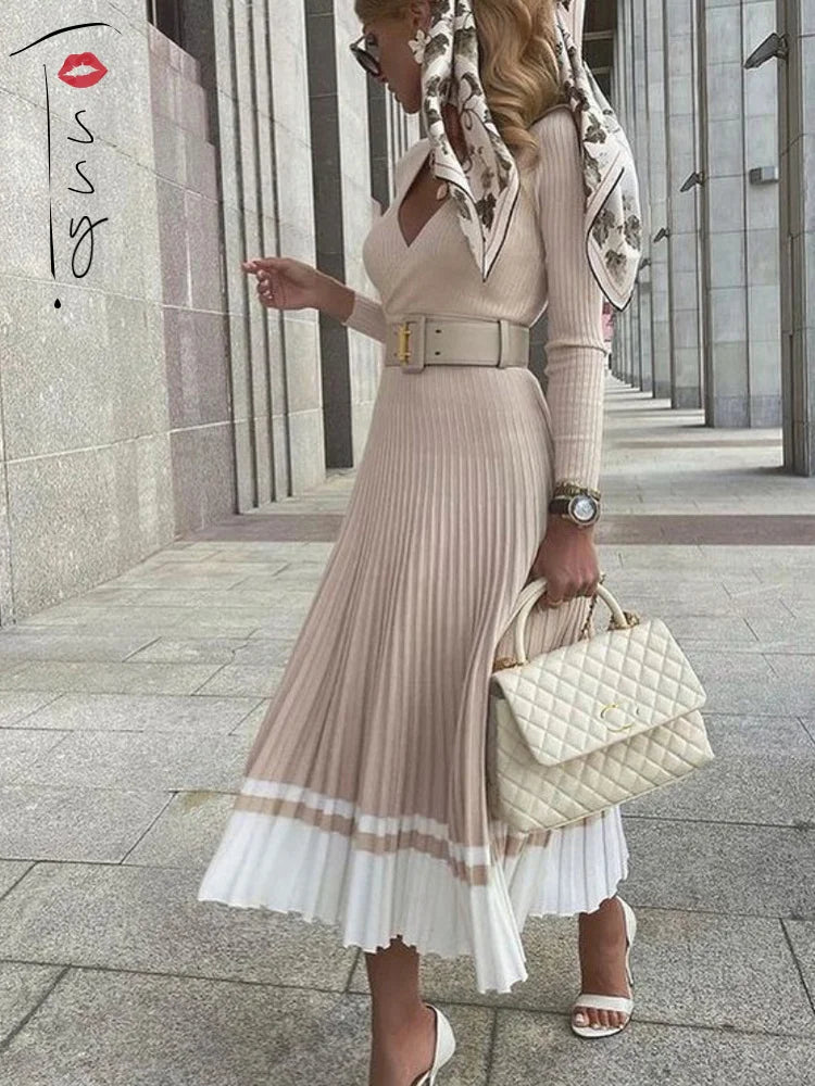 Women Ribbed V-neck Fold Knitted Max Dress Ladies Skinny Sexy A-line Dresses Two Color Patchwork Elegant Chic Vestidos