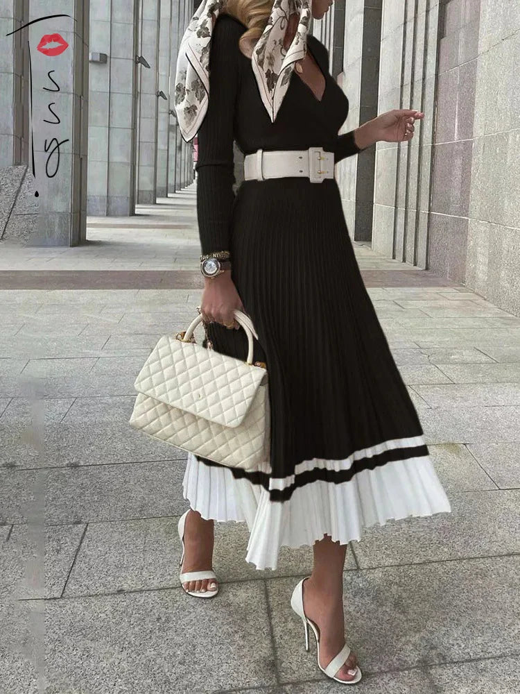 Women Ribbed V-neck Fold Knitted Max Dress Ladies Skinny Sexy A-line Dresses Two Color Patchwork Elegant Chic Vestidos