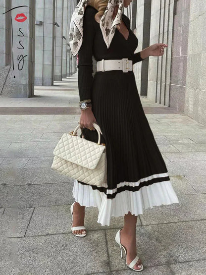 Women Ribbed V-neck Fold Knitted Max Dress Ladies Skinny Sexy A-line Dresses Two Color Patchwork Elegant Chic Vestidos