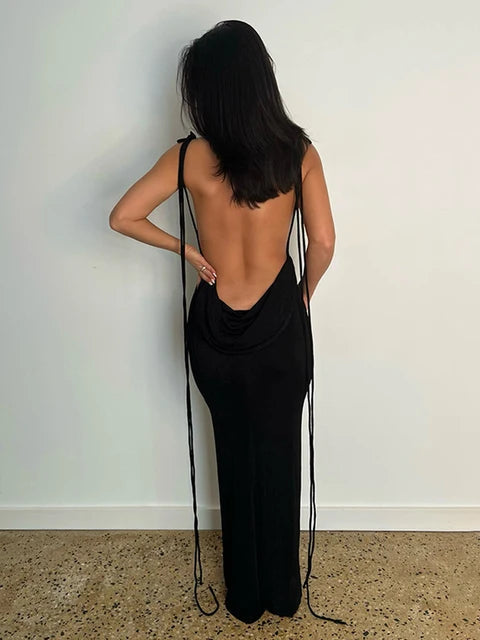 Women Sexy Swing Collar Backless Sleeveless Maxi Prom Dress Drawstrings Elegant Bodycon Solid Party Dresses 2025 Summer