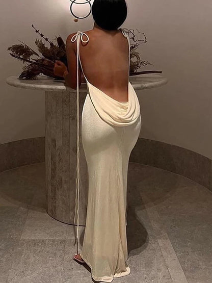 Women Sexy Swing Collar Backless Sleeveless Maxi Prom Dress Drawstrings Elegant Bodycon Solid Party Dresses 2025 Summer