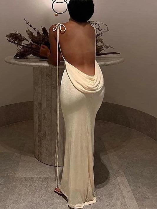 Women Sexy Swing Collar Backless Sleeveless Maxi Prom Dress Drawstrings Elegant Bodycon Solid Party Dresses 2025 Summer