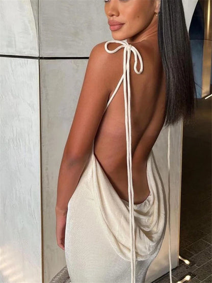 Women Sexy Swing Collar Backless Sleeveless Maxi Prom Dress Drawstrings Elegant Bodycon Solid Party Dresses 2025 Summer