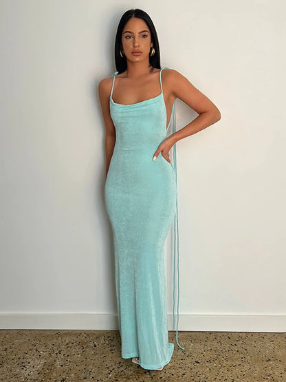 Women Sexy Swing Collar Backless Sleeveless Maxi Prom Dress Drawstrings Elegant Bodycon Solid Party Dresses 2025 Summer