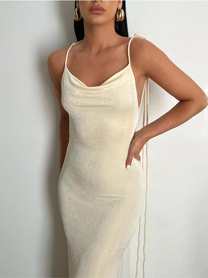 Women Sexy Swing Collar Backless Sleeveless Maxi Prom Dress Drawstrings Elegant Bodycon Solid Party Dresses 2025 Summer