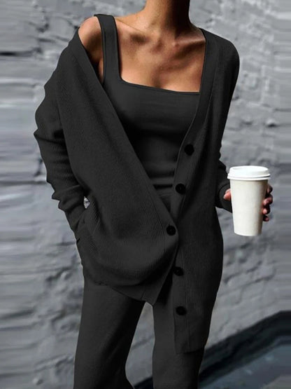Women Solid Knitted 3 Pices Set Cardigan Tops Tank Top And Casual Loose Long Pants Chic Suit Tracksuit 2025 Fall Winter