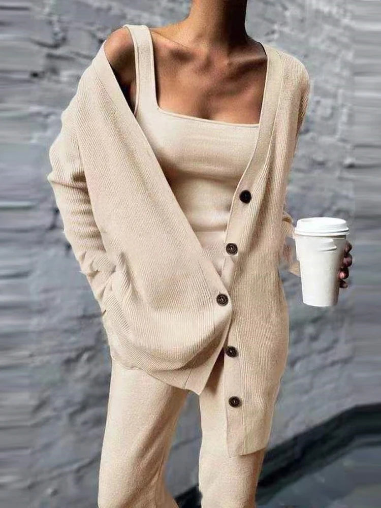 Women Solid Knitted 3 Pices Set Cardigan Tops Tank Top And Casual Loose Long Pants Chic Suit Tracksuit 2025 Fall Winter
