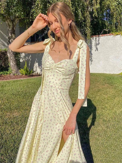 Women Summer Maxi Dress 2025 Boho Straghtti Strap Floral Print Dress Holiday Party Backless Elegant Vestidos Beach-Wear
