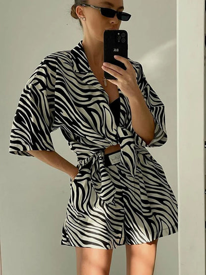 Women Two Piece Sets Outfits Zebra Printed Loose Shirt Tops And High Waist Shorts Set 2025 Casual Streetwear Summer New