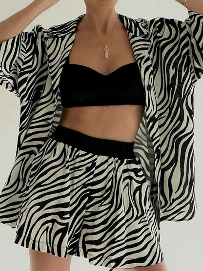 Women Two Piece Sets Outfits Zebra Printed Loose Shirt Tops And High Waist Shorts Set 2025 Casual Streetwear Summer New