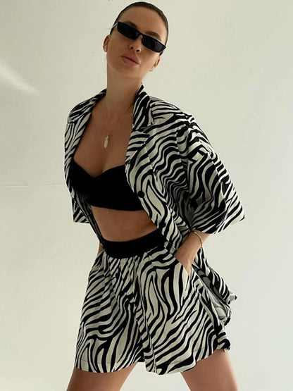 Women Two Piece Sets Outfits Zebra Printed Loose Shirt Tops And High Waist Shorts Set 2025 Casual Streetwear Summer New