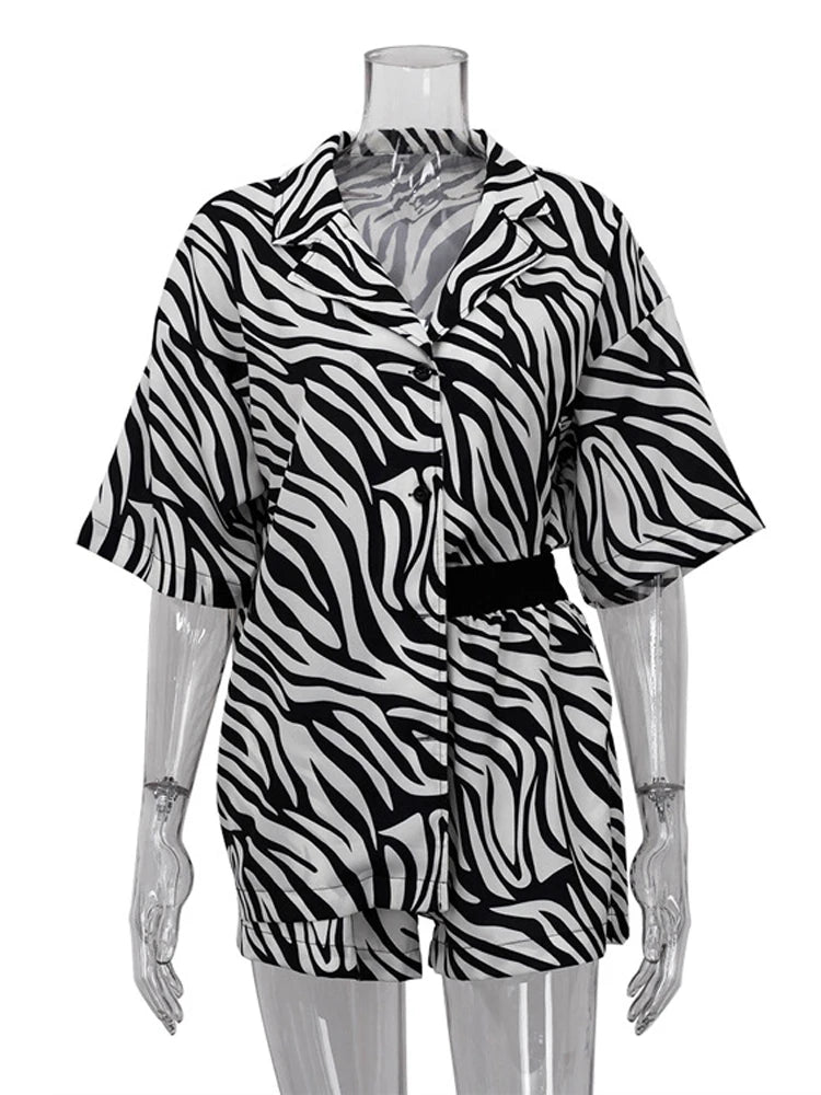 Women Two Piece Sets Outfits Zebra Printed Loose Shirt Tops And High Waist Shorts Set 2025 Casual Streetwear Summer New