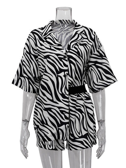 Women Two Piece Sets Outfits Zebra Printed Loose Shirt Tops And High Waist Shorts Set 2025 Casual Streetwear Summer New