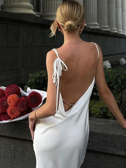 Women¡®s Sexy High Silt Spaghetti Strap Chain Long Dress V Neck Sleeveless Lace Up Backless Loose Evening Club Party Dress