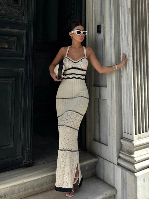 Vestido largo sexy con tirantes finos calados para mujer, de punto en contraste, elegante, sin espalda, con abertura lateral, para fiesta y vacaciones
