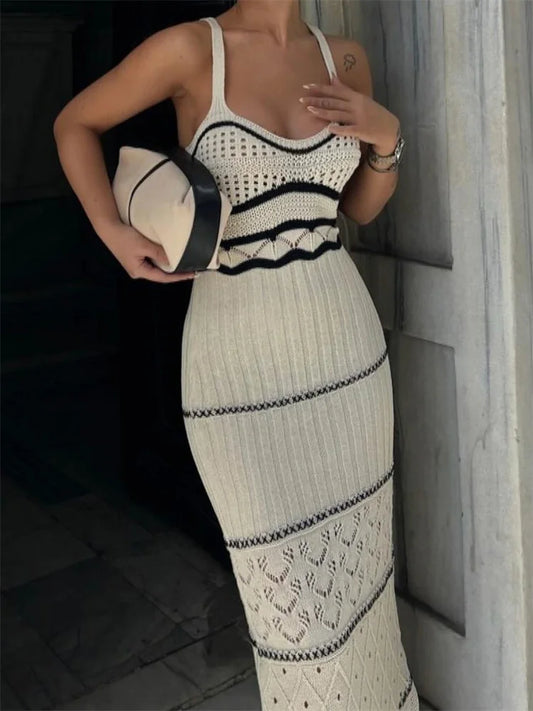 Women’s Sexy Hollow Out Spaghetti Strap Long Dress Contrasting Knit Elegant Backless Side Slit Holiday Party Maxi Dress