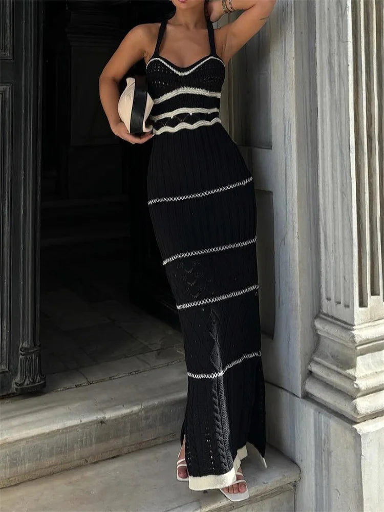 Vestido largo sexy con tirantes finos calados para mujer, de punto en contraste, elegante, sin espalda, con abertura lateral, para fiesta y vacaciones