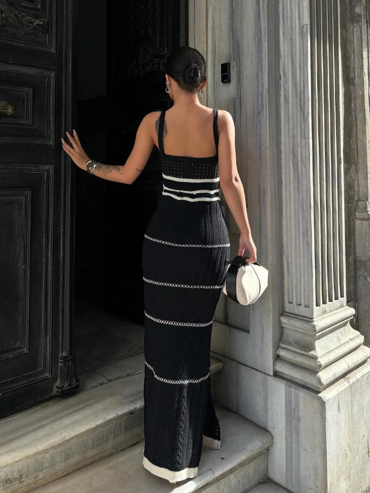 Vestido largo sexy con tirantes finos calados para mujer, de punto en contraste, elegante, sin espalda, con abertura lateral, para fiesta y vacaciones
