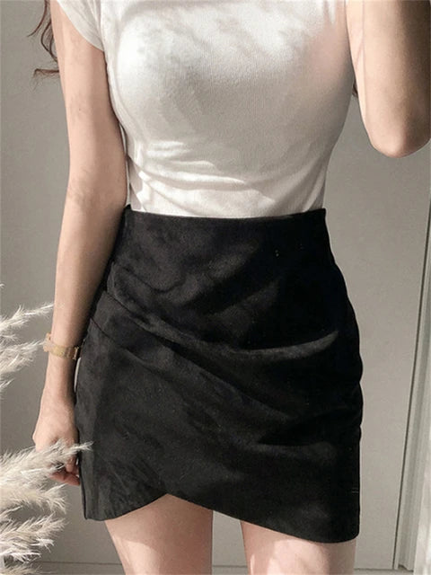 Womens Faux Suede Skirt Official Ladies A-Line Mini Pencil Skirt For Women High Waist Classic Wrap Front Slit Skirts 2025