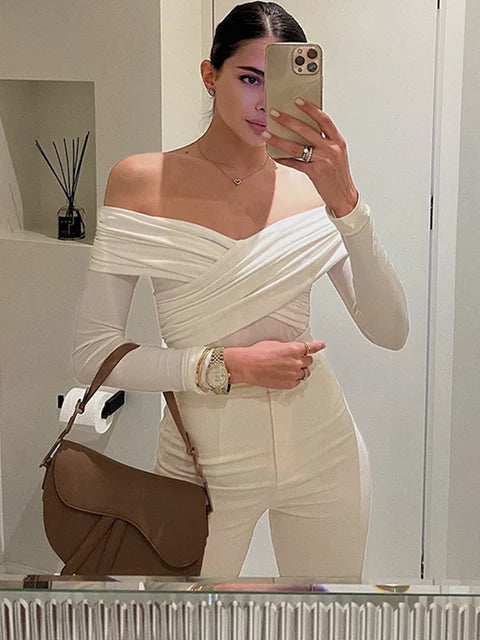 Wrinkled Cross Fitting Long Sleeves Women T-shirt Solid Patchwork Pullover Top Female Fashion Elegant T-shirt Spring 2025