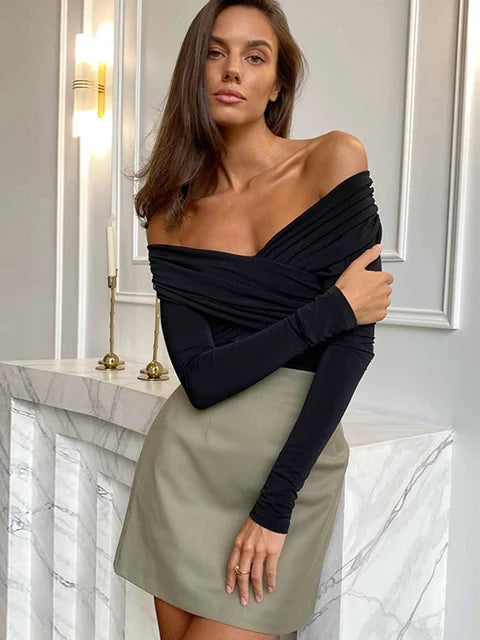 Wrinkled Cross Fitting Long Sleeves Women T-shirt Solid Patchwork Pullover Top Female Fashion Elegant T-shirt Spring 2025