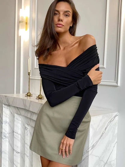 Wrinkled Cross Fitting Long Sleeves Women T-shirt Solid Patchwork Pullover Top Female Fashion Elegant T-shirt Spring 2025