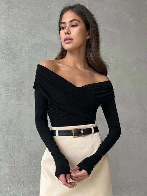 Wrinkled Cross Fitting Long Sleeves Women T-shirt Solid Patchwork Pullover Top Female Fashion Elegant T-shirt Spring 2025
