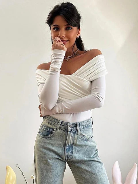 Wrinkled Cross Fitting Long Sleeves Women T-shirt Solid Patchwork Pullover Top Female Fashion Elegant T-shirt Spring 2025