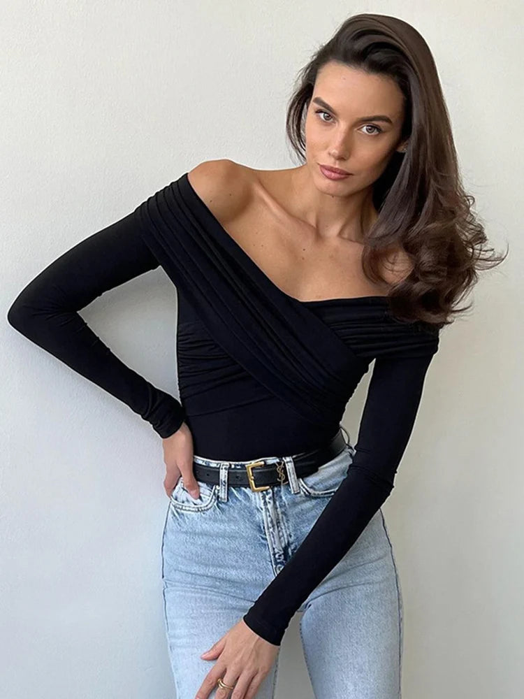 Wrinkled Cross Fitting Long Sleeves Women T-shirt Solid Patchwork Pullover Top Female Fashion Elegant T-shirt Spring 2025