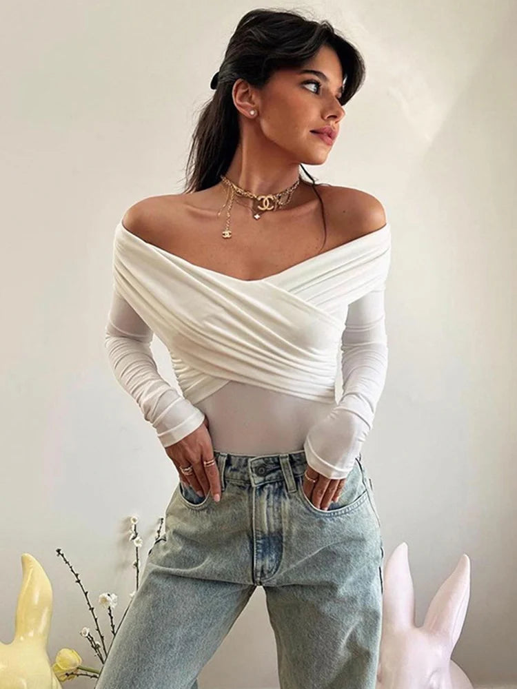Wrinkled Cross Fitting Long Sleeves Women T-shirt Solid Patchwork Pullover Top Female Fashion Elegant T-shirt Spring 2025