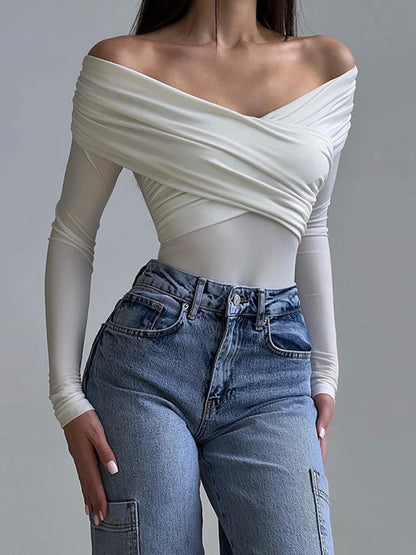 Wrinkled Cross Fitting Long Sleeves Women T-shirt Solid Patchwork Pullover Top Female Fashion Elegant T-shirt Spring 2025