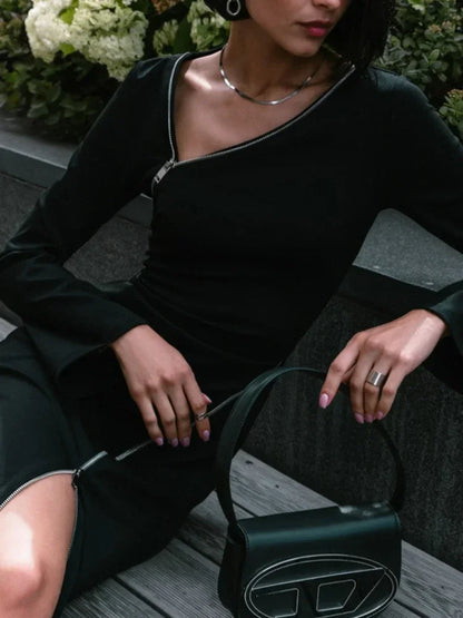 Zipper Patchwork Black Long Dress Women Off-Shoulder High Waist Elegant Clothes Party Dress Casual Ladies Slim Maxi Dress