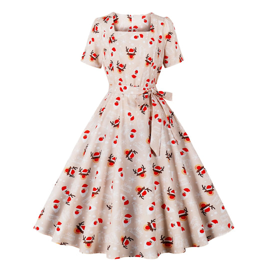 Vestidos elegantes de fiesta de Navidad para mujer, con estampado de cuello cuadrado, mangas cortas, lazo, escote en A, nuevos vestidos para mujer