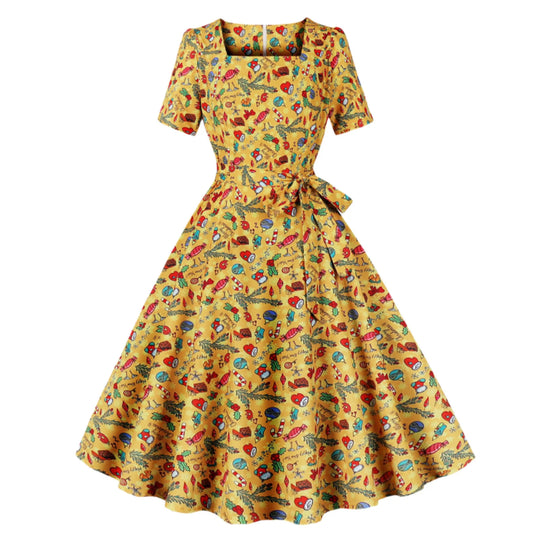 Vestidos elegantes de fiesta de Navidad para mujer, con estampado de cuello cuadrado, mangas cortas, lazo, escote en A, nuevos vestidos para mujer