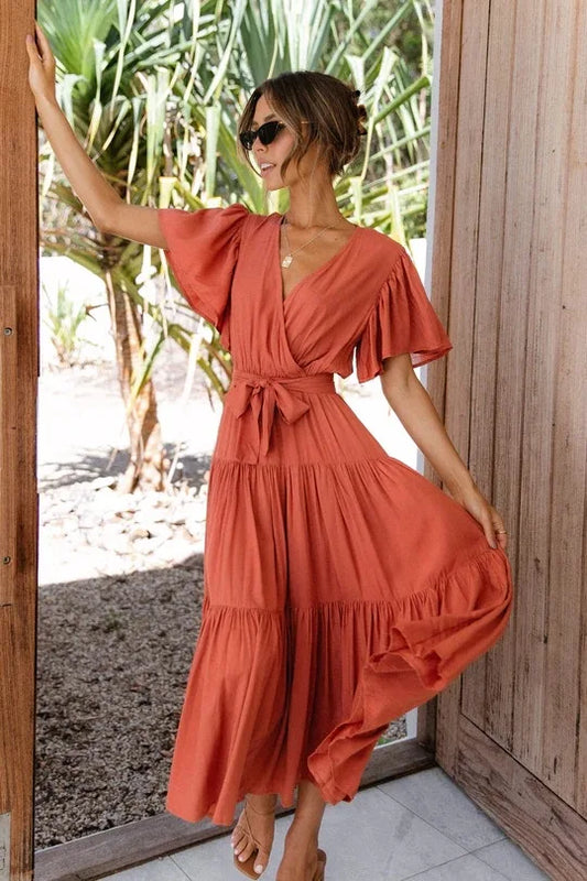 Trendy Solid Color Ruffles Long Dresses Women Sexy V-neck Ruffle Sleeves Leace-up Temperament Elegant Lady Dress 2025 Summer New