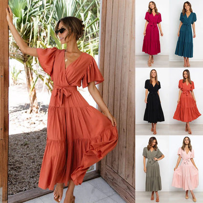 Vestidos largos con volantes de color liso de moda para mujer, sexys, con escote en V y mangas con volantes, vestido elegante con temperamento ahuecado para mujer, novedad de verano 2025