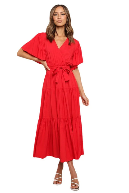 Vestidos largos con volantes de color liso de moda para mujer, sexys, con escote en V y mangas con volantes, vestido elegante con temperamento ahuecado para mujer, novedad de verano 2025