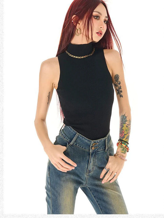 Turtleneck Knitted Tank Top for Women’s Summer Sleeveless Elastic Sexy Slim Basic Tops Streetwear