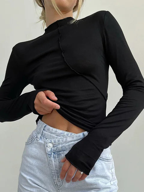 Camisetas de cuello alto Y2K 2025 de manga larga para mujer, blancas, otoño e invierno, informales, negras, básicas, grises, sexys, moda de los 90, vintage