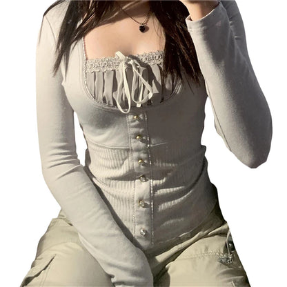 Korean Cute Y2K Retro Cotton Tops Lace Patchwork Buttons Kawaii Tshirts Autumn Square Collar Chic Casual Shirts