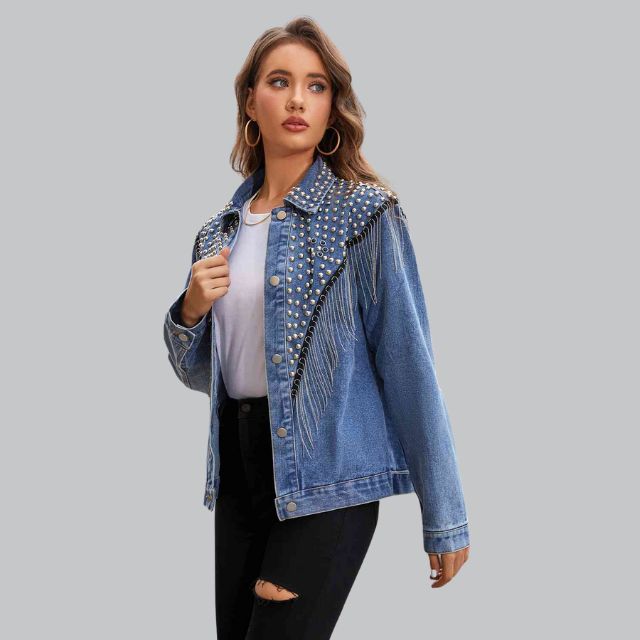Chic Denim Fringe Jacket with Studs | Great for Autumn Days
