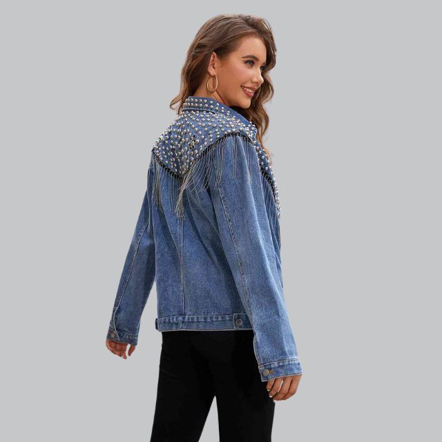 Chic Denim Fringe Jacket with Studs | Great for Autumn Days