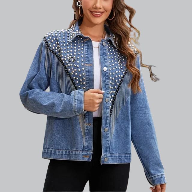 Chic Denim Fringe Jacket with Studs | Great for Autumn Days