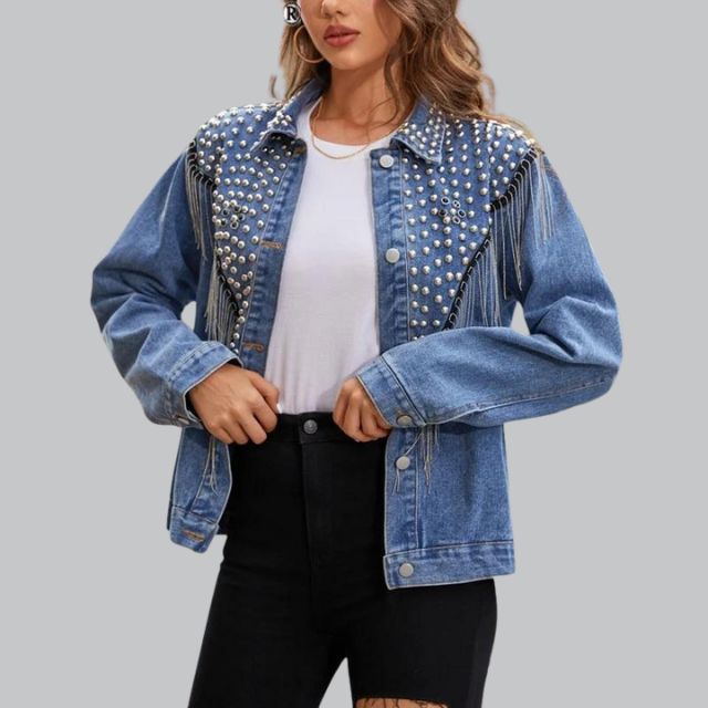 Chic Denim Fringe Jacket with Studs | Great for Autumn Days