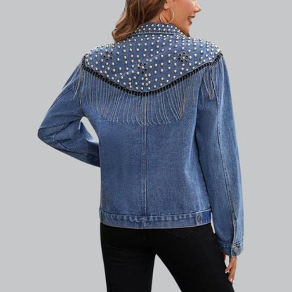 Chic Denim Fringe Jacket with Studs | Great for Autumn Days